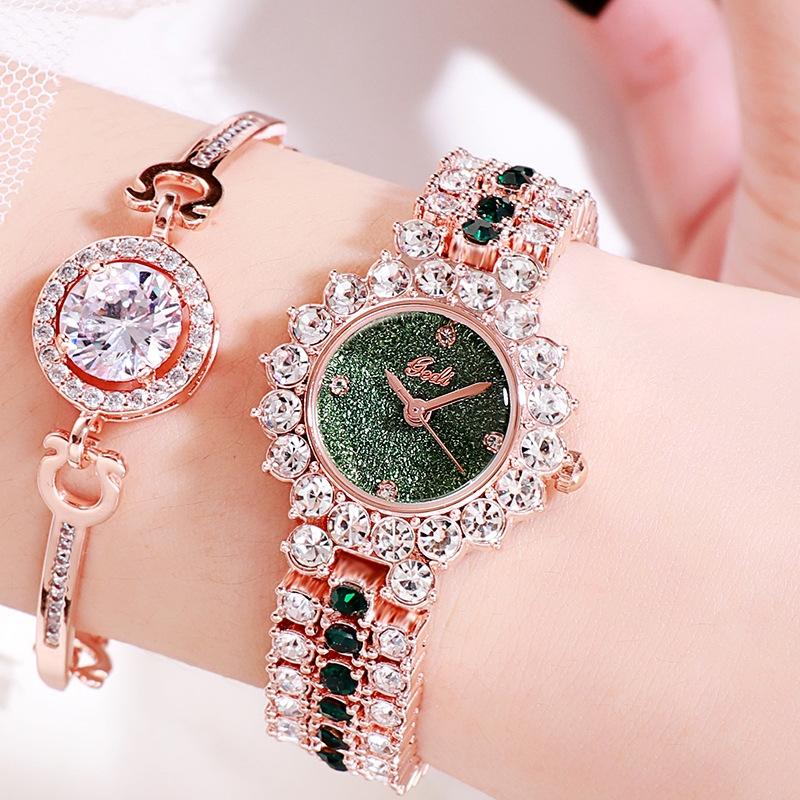 Women Quartz Bracelet Watch with Diamond Accents - Rose Gold Shell Green Plate