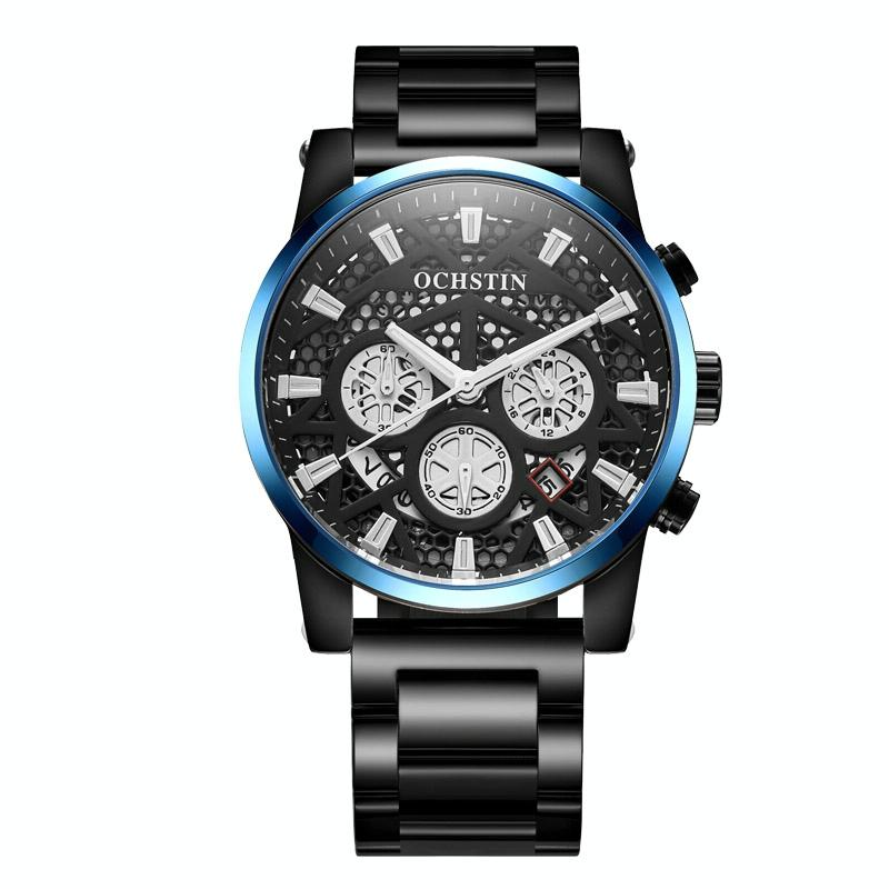 Waterproof Multifunctional Men Watch with Quartz Movement and Steel Strap - Black Blue