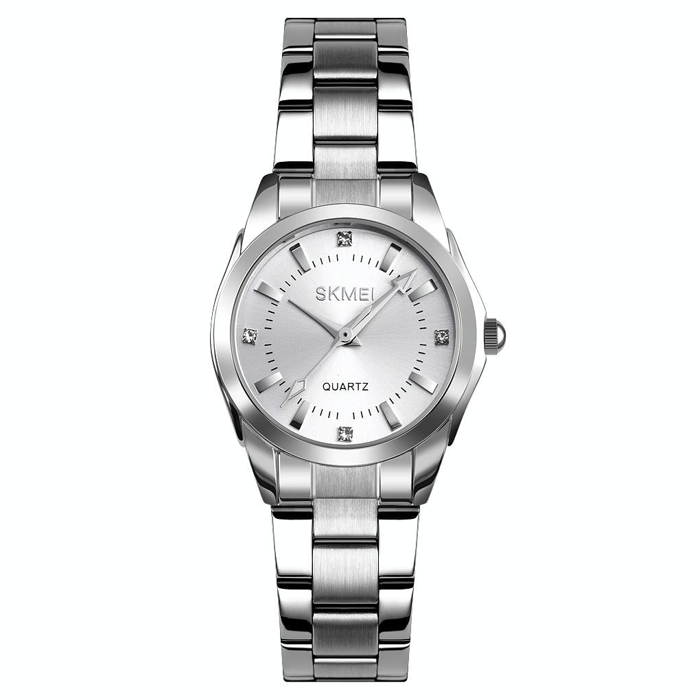 Waterproof Quartz Women Watch with Rhinestone Steel Strap - Delicate and Creative - White
