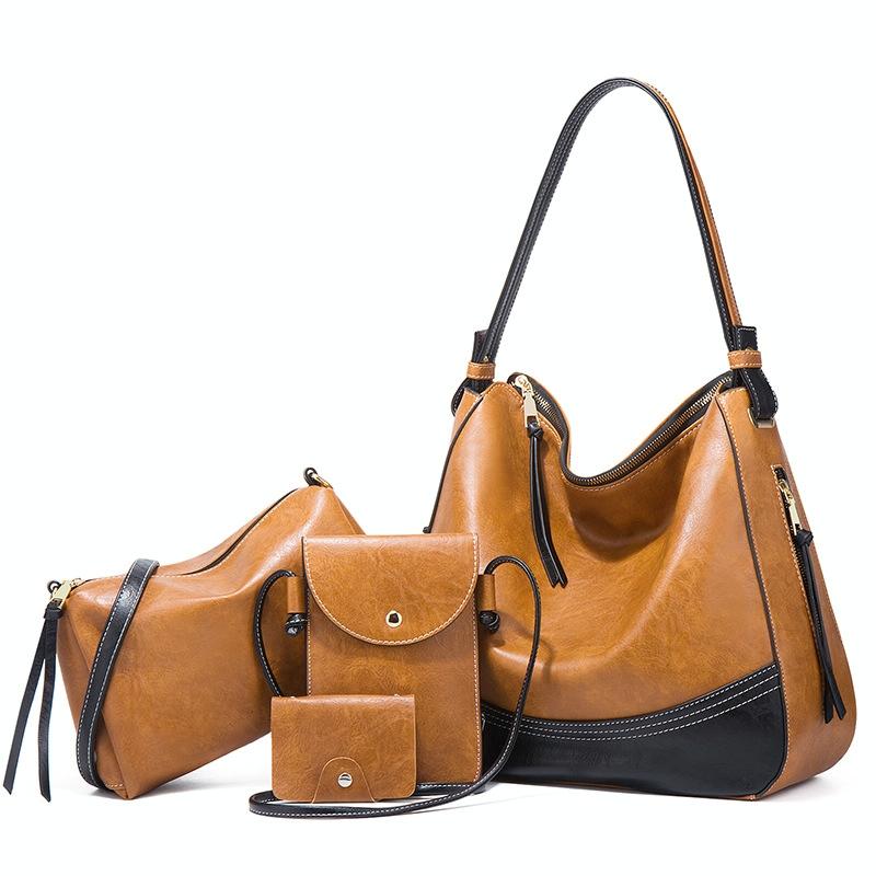Large Capacity Diagonal Handbags - 4 in 1 Colour Block Leather Bags - Brown