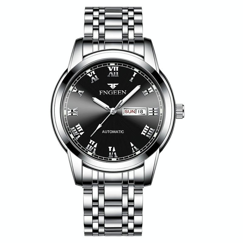 Men Luminous Quartz Watch with Roman Numeral Dial - Sporty Style - White Steel Black Surface