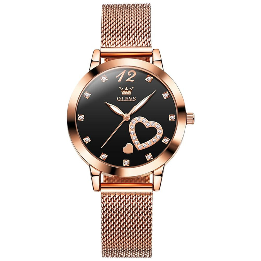 Waterproof Heart-shaped Women Quartz Watch - Black