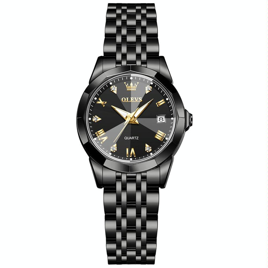 Waterproof Quartz Watch with Butterfly Buckle for Women - Black