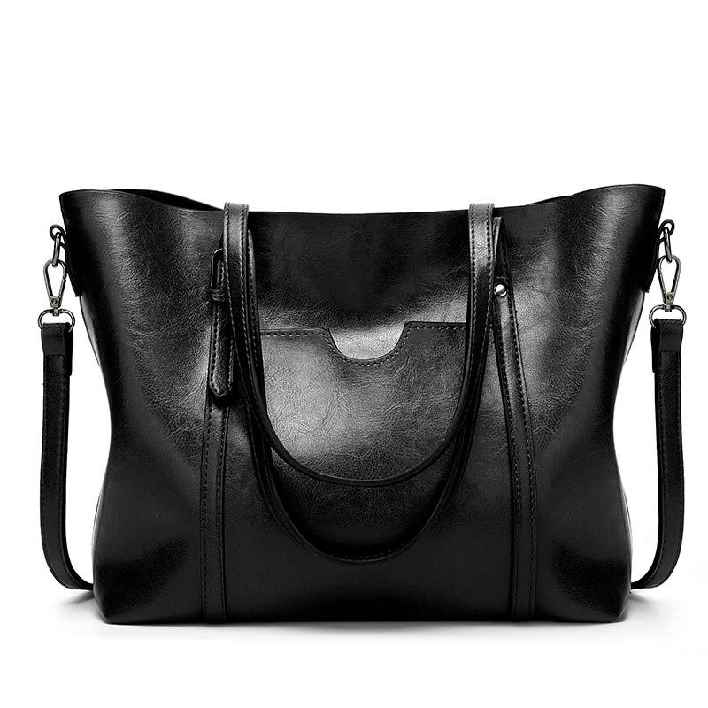 Stylish All-match Leather Handbag - Wax Finish - Black