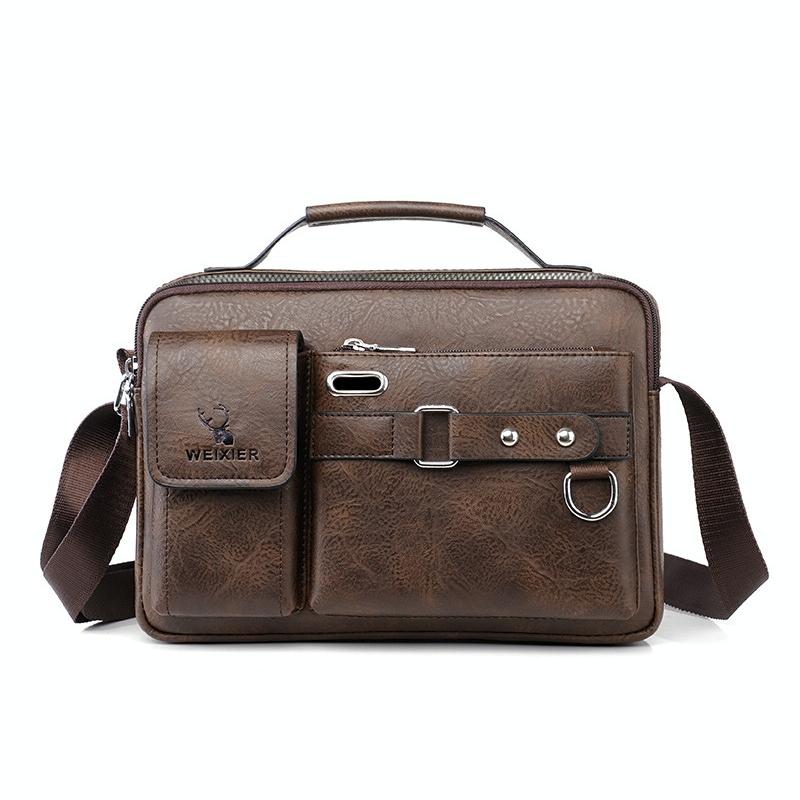 Portable Leather Shoulder Bag - Handbag - Plain Texture Dark Brown
