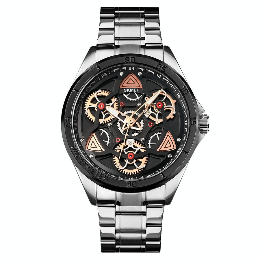 Waterproof Men Quartz Watch with Rotatable Gear Dial - Silver Shell Black Surface