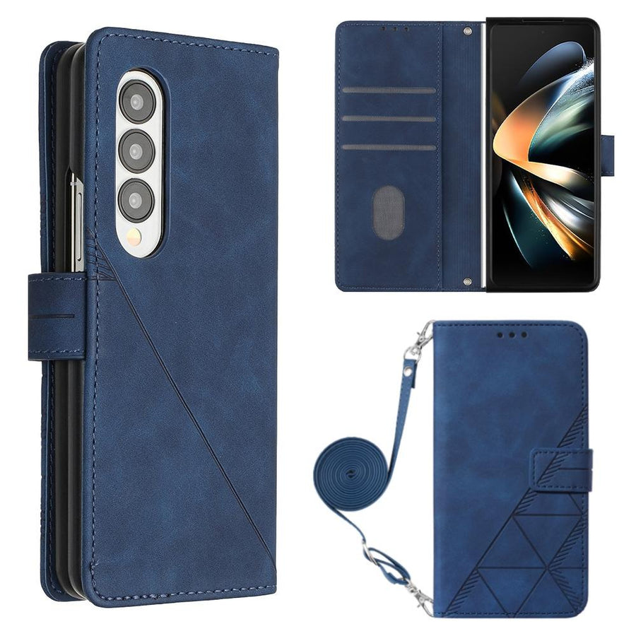 For Samsung Galaxy z Fold4 5G Embossed Leather Flip Crossbody Phone Case - 3d Design - Blue