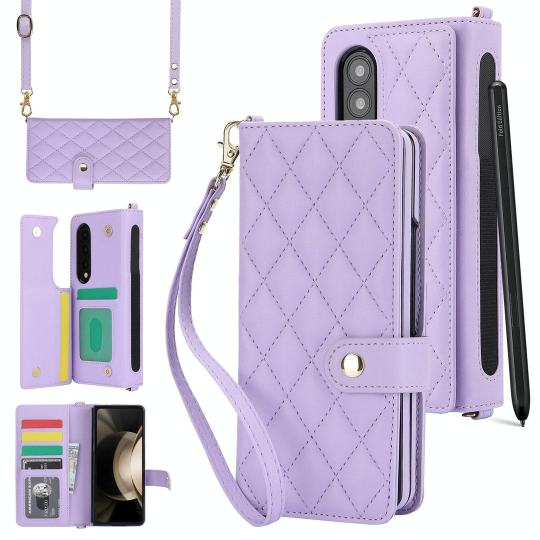 For Samsung Galaxy z Fold4 5G Multifunctional Rhombic Leather Crossbody Phone Case - Purple