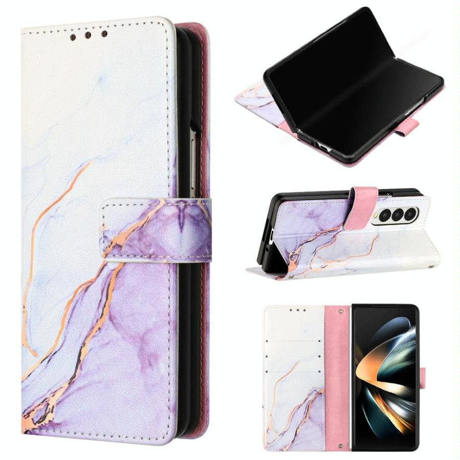 For Samsung Galaxy Z Fold4 5G Marble Leather Flip Case - White Purple Ls006