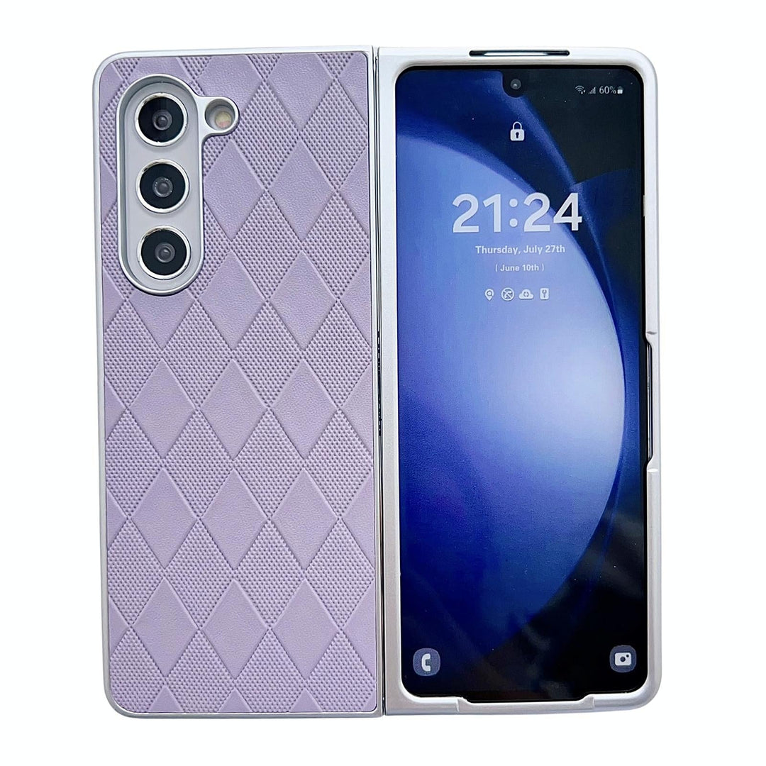 For Samsung Galaxy Z Fold4 5G Checkered Leather Phone Case With Pearlescent Finish - Purple