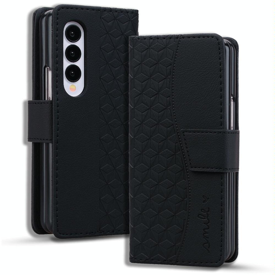 For Samsung Galaxy Z Fold4 5G Leather Phone Case With Diamond Buckle And Lanyard - Black