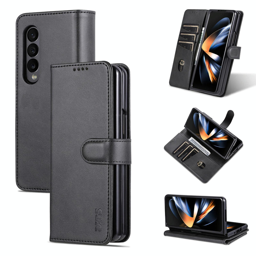 For Samsung Galaxy Z Fold4 5G Leather Phone Case - Smooth Calf Texture - Black