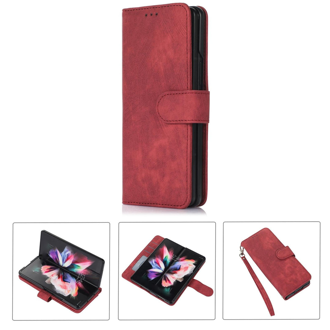 Samsung Galaxy z Fold 4 Leather Phone Case with Pen Slot - Horizontal Flip - Red