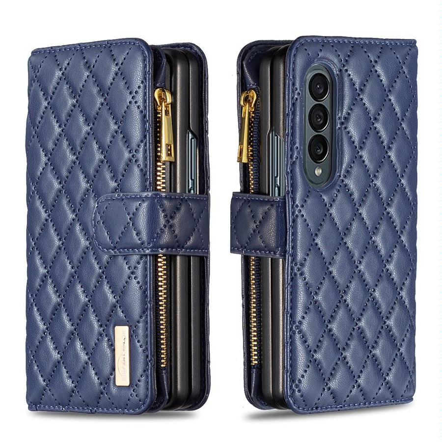For Samsung Galaxy Z Fold4 5G Leather Zip Wallet - Diamond Lattice Design - Blue