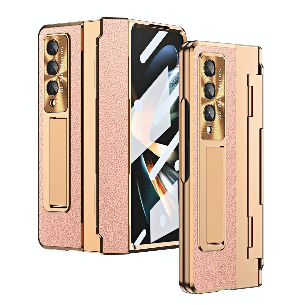 For Samsung Galaxy z Fold4 5G Full Coverage Phone Case with Hinge - Integrated Design - Gold + Pink