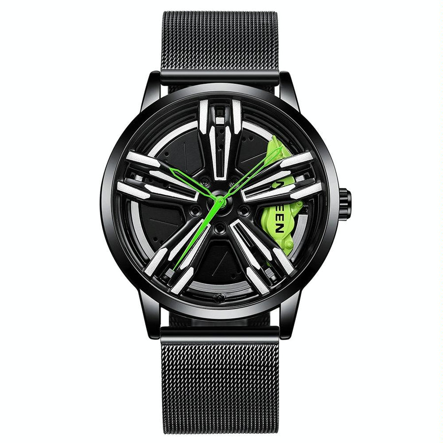 Men Metal Motorcycle Watch with Rotating Hub - Black Net Black Steel Green Surface