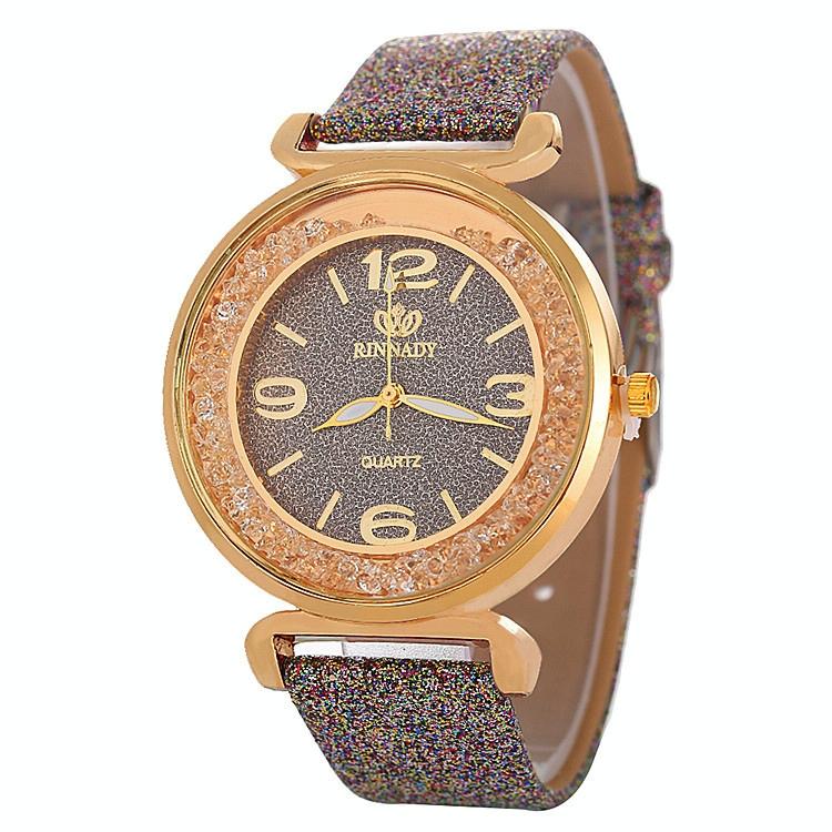 Gold Rhinestone Quartz Watch with Pu Leather Strap for Women - Grey