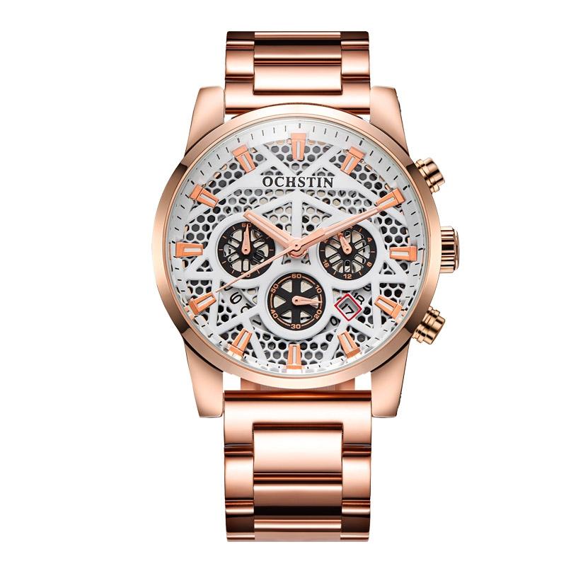 Waterproof Multifunctional Men Watch with Quartz Movement and Steel Strap - Rose Gold + White
