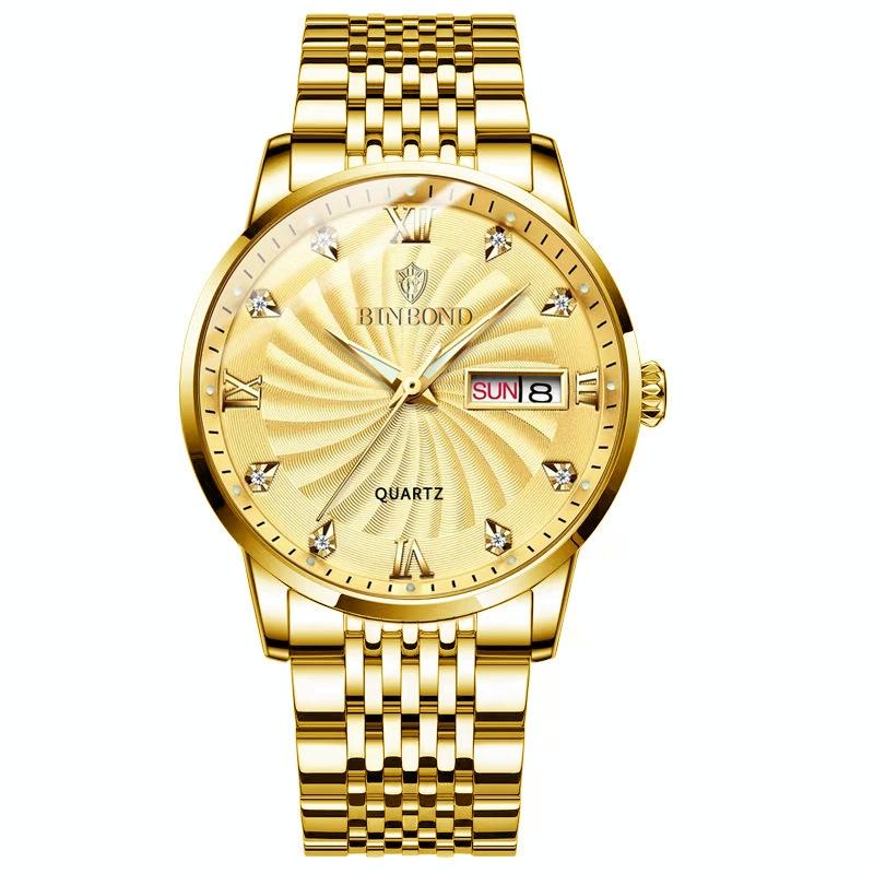 Waterproof Business Men Quartz Watch with Butterfly Buckle and Luminous Dial - 30m - Full-Gold-Gold