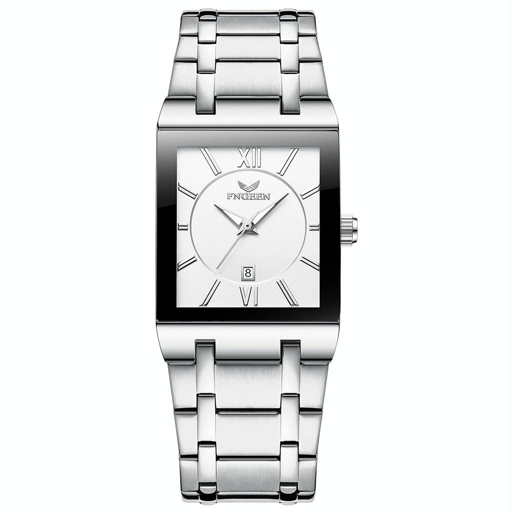 Waterproof Square Men Watch with Calendar - 50m - White Steel White Surface