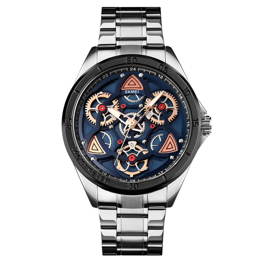 Waterproof Men Quartz Watch with Rotatable Gear Dial - Silver Shell Blue Surface