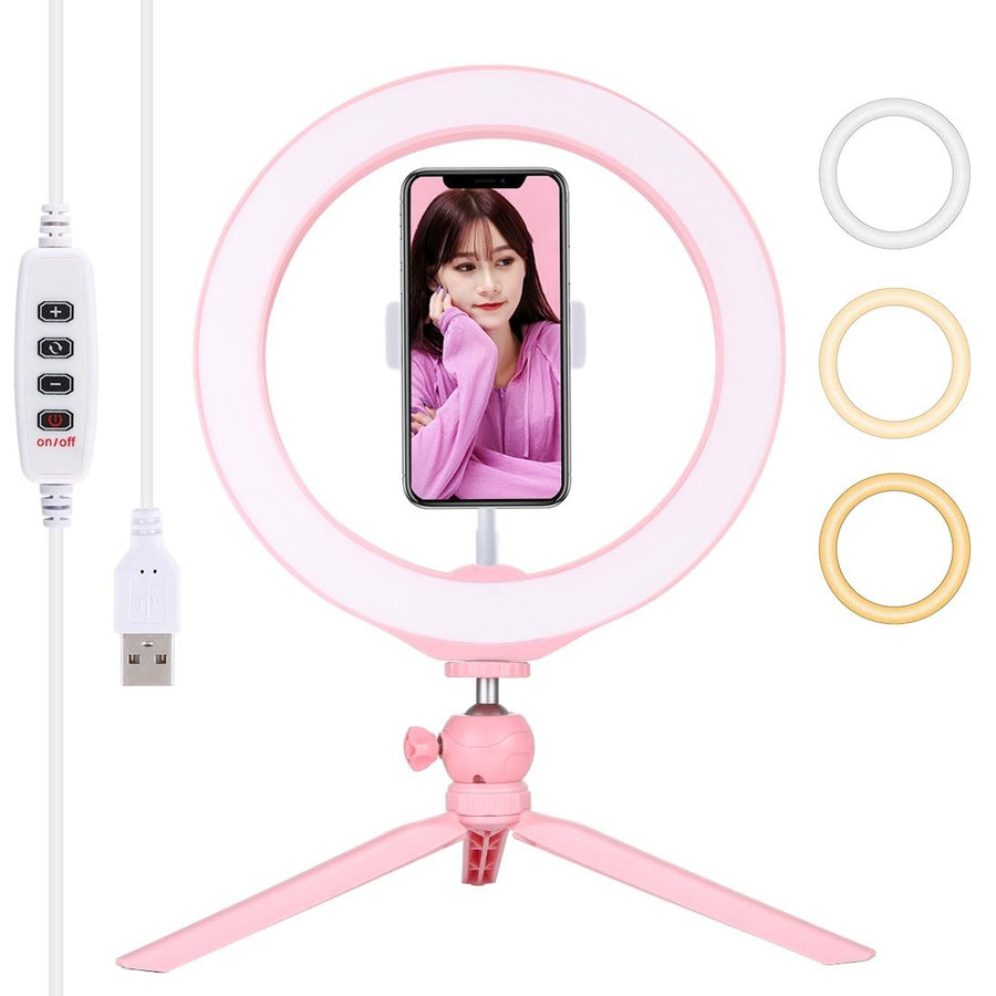 10.2 Selfie Beauty Light with Tripod Mount and Usb 3 Modes Dimmable Led Ring for Vlogging and Photography Cold Shoe Ball
