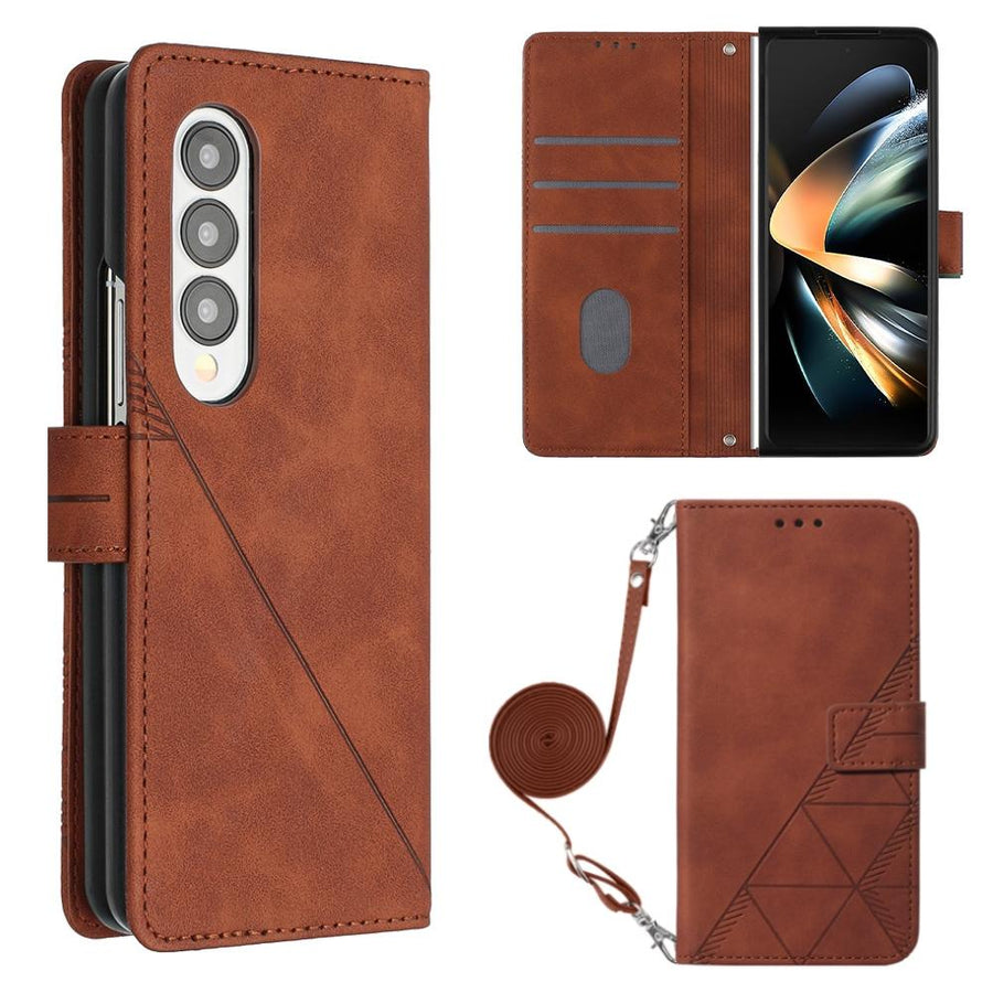 For Samsung Galaxy z Fold4 5G Embossed Leather Flip Crossbody Phone Case - 3d Design - Brown