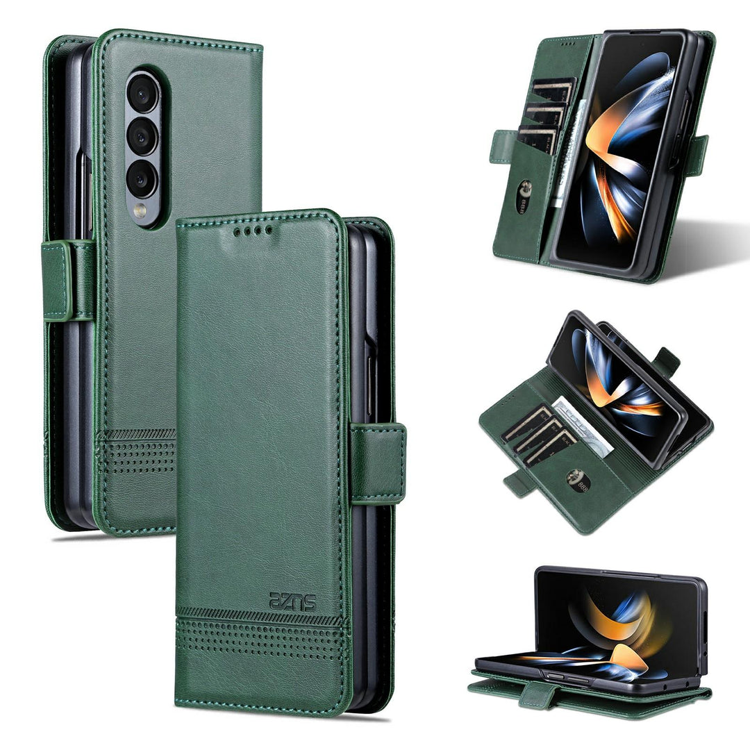 For Samsung Galaxy Z Fold4 5G Leather Magnetic Phone Case - Calf Texture - Dark Green