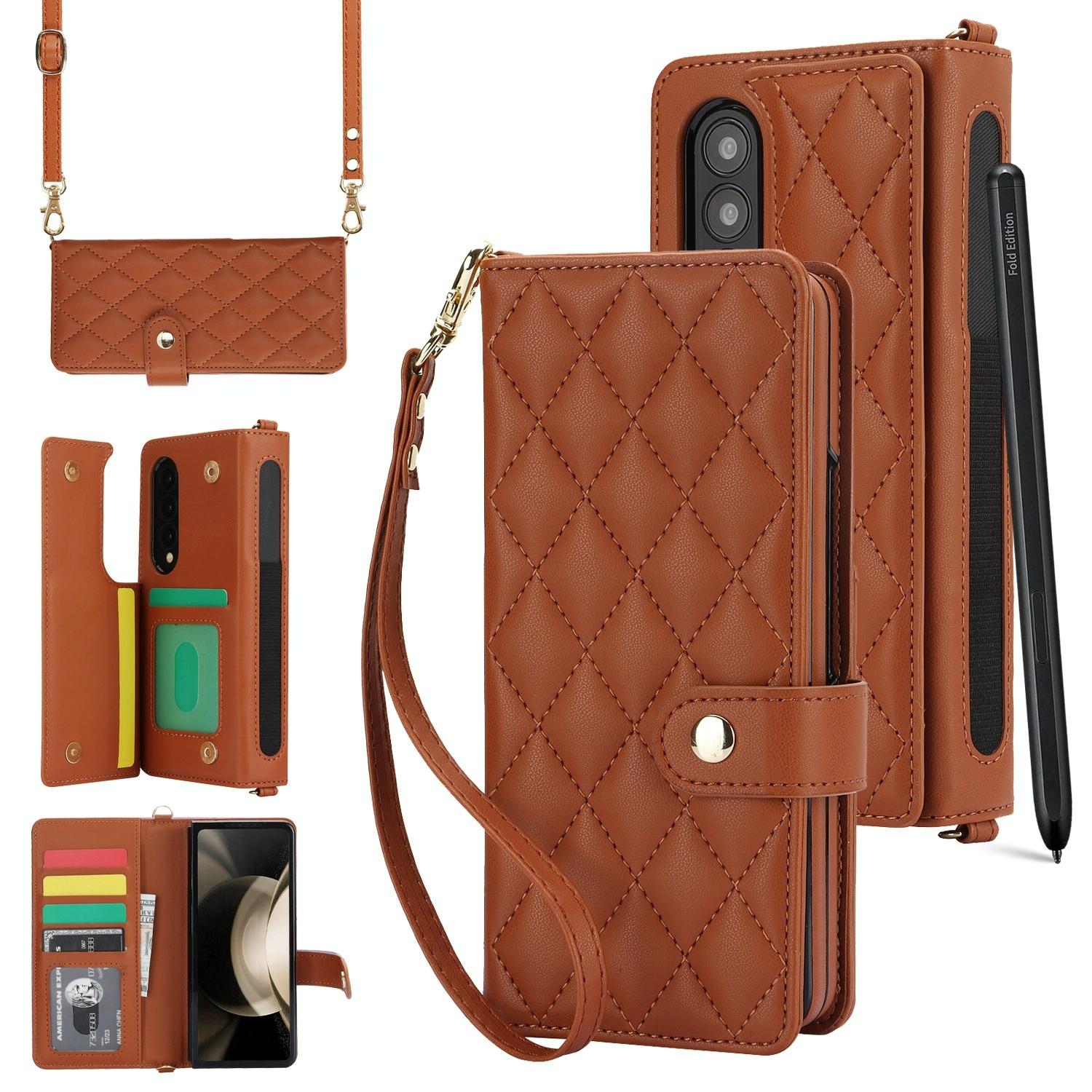 For Samsung Galaxy z Fold4 5G Multifunctional Rhombic Leather Crossbody Phone Case - Brown