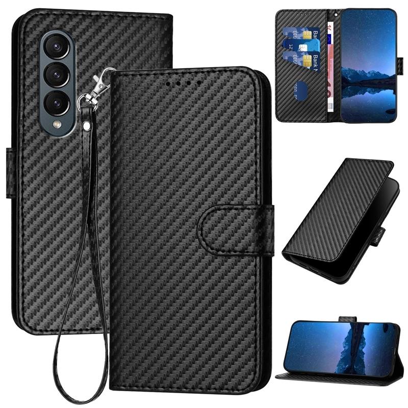 For Samsung Galaxy Z Fold4 5G Carbon Fiber Leather Phone Case With Lanyard - Black