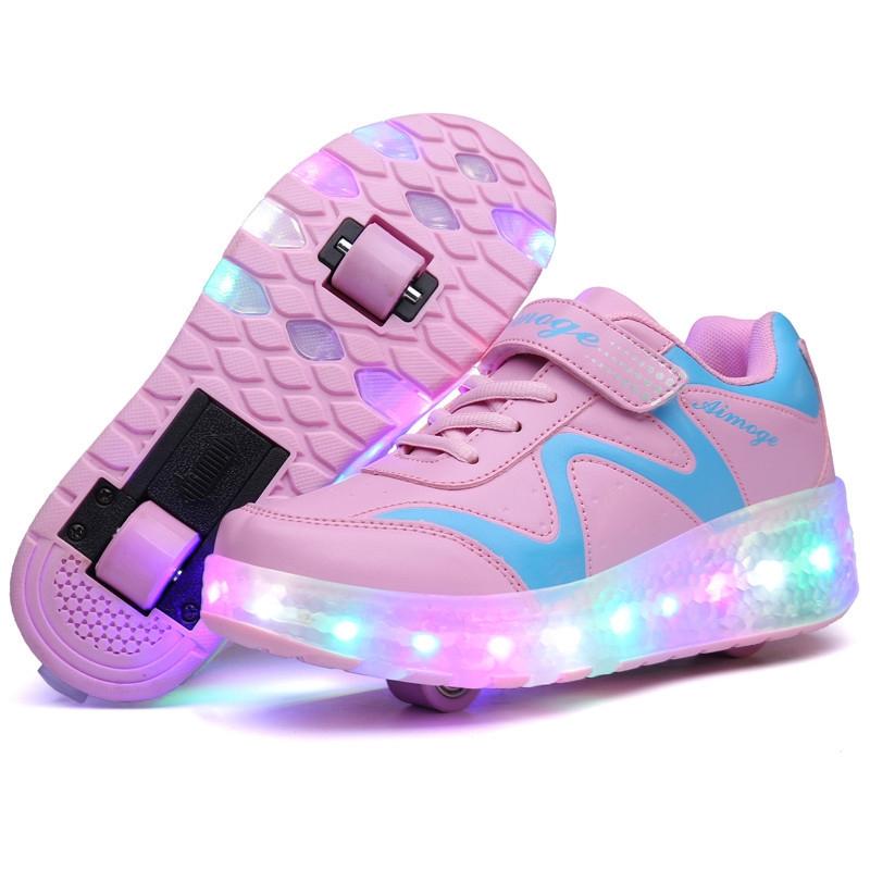 Rechargeable Double Wheel Roller Skating Shoes - Pink Size 36