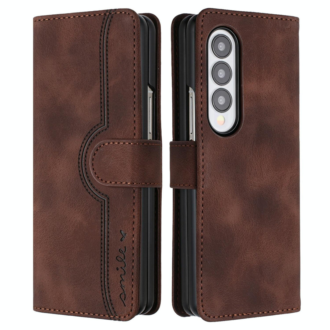 For Samsung Galaxy Z Fold4 5G Leather Phone Case With Heart Pattern - Brown