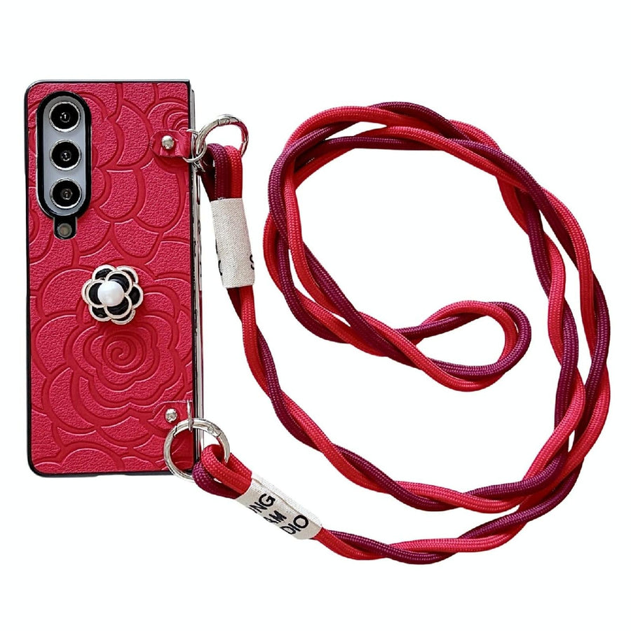 For Samsung Galaxy Z Fold4 5G Camellia Pattern Phone Case With Lanyard - Red
