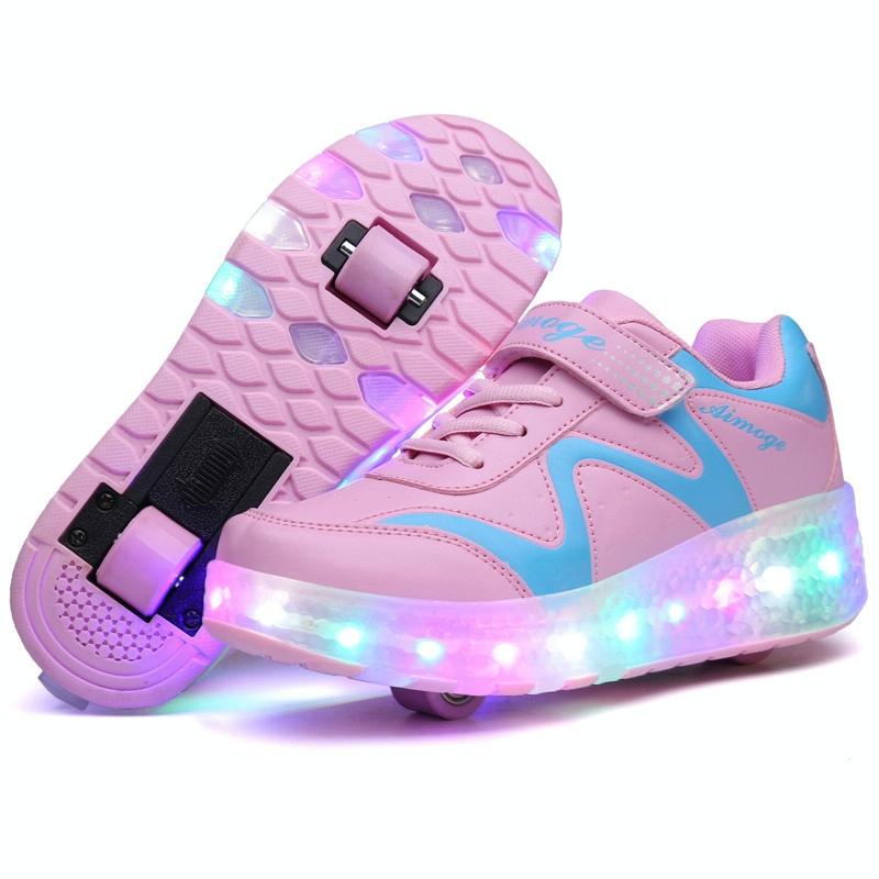 31 Pink Rechargeable Led Roller Skating Shoes - Ultra Light Double Wheel