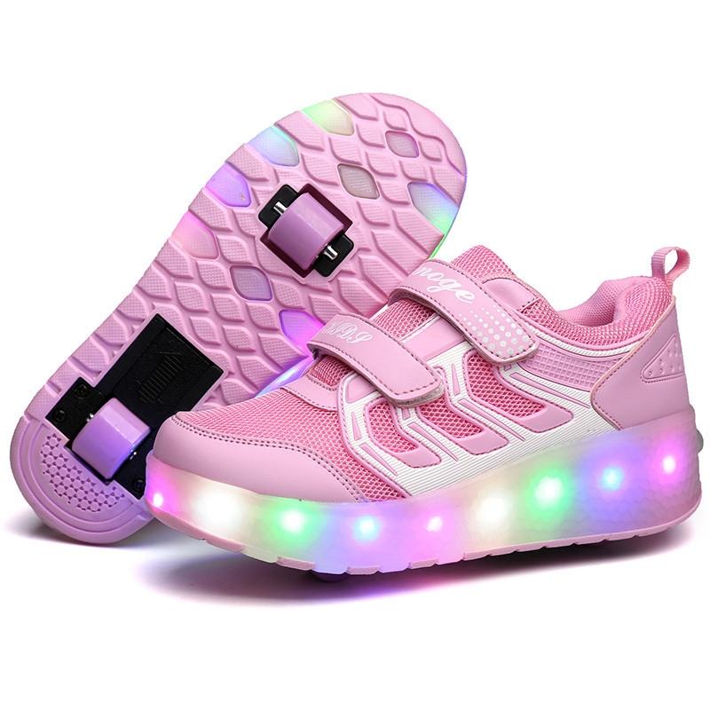 Rechargeable Double Wheel Roller Skating Shoes - Ultra Light Mesh - Size 35 - Pink