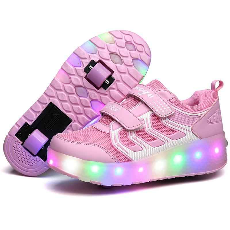 Rechargeable Double Wheel Roller Skating Shoes - Size 37 Ultra Light Mesh Surface - Pink