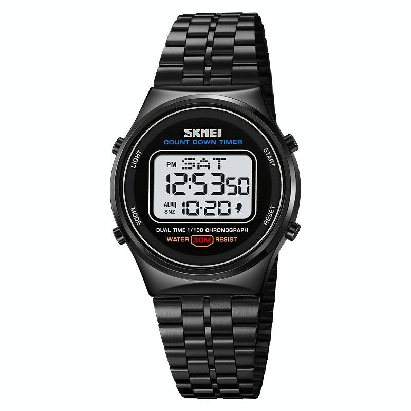 Waterproof Multifunctional Men Digital Watch - Luminous Stainless Steel - 30m - Black White