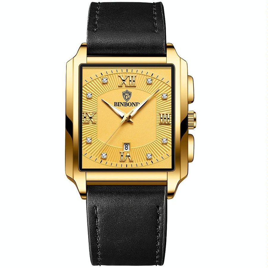Waterproof Men Quartz Watch - Rectangular Outdoor Design - Black Leather-Full Gold-Gold