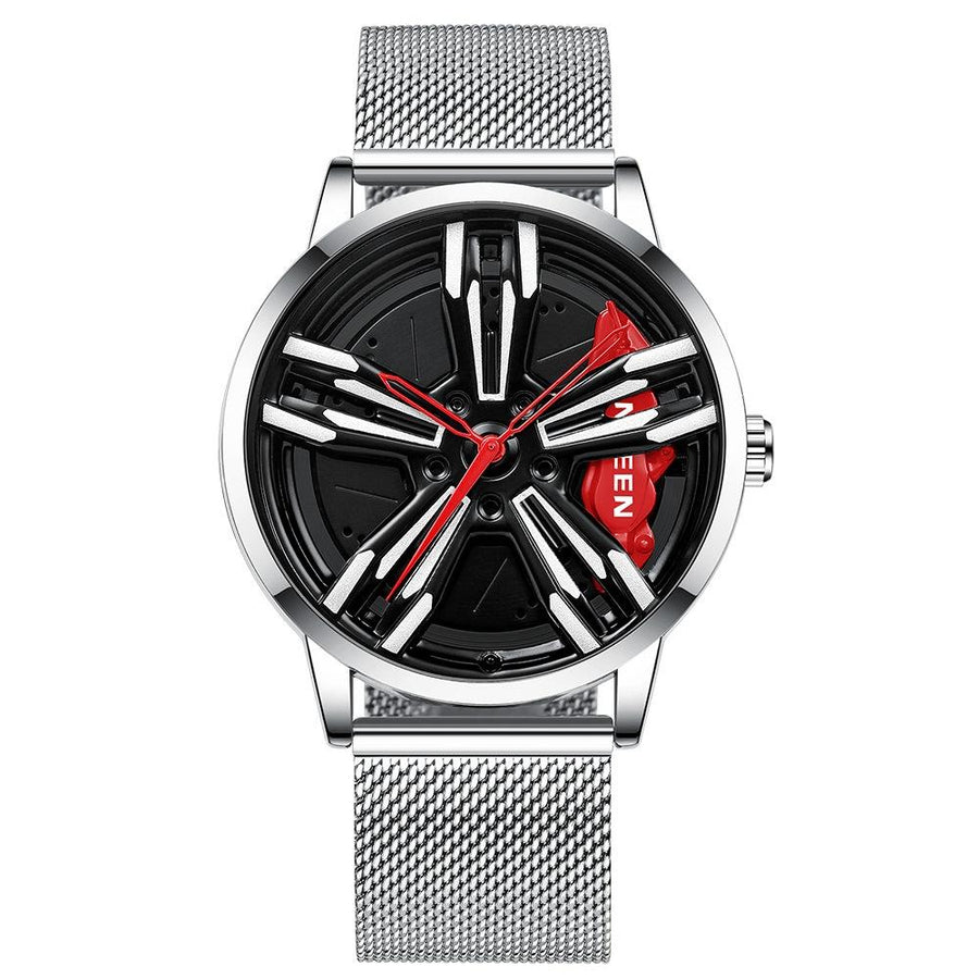 Men Metal Motorcycle Watch with Rotating Hub - White Net White Steel Red Surface