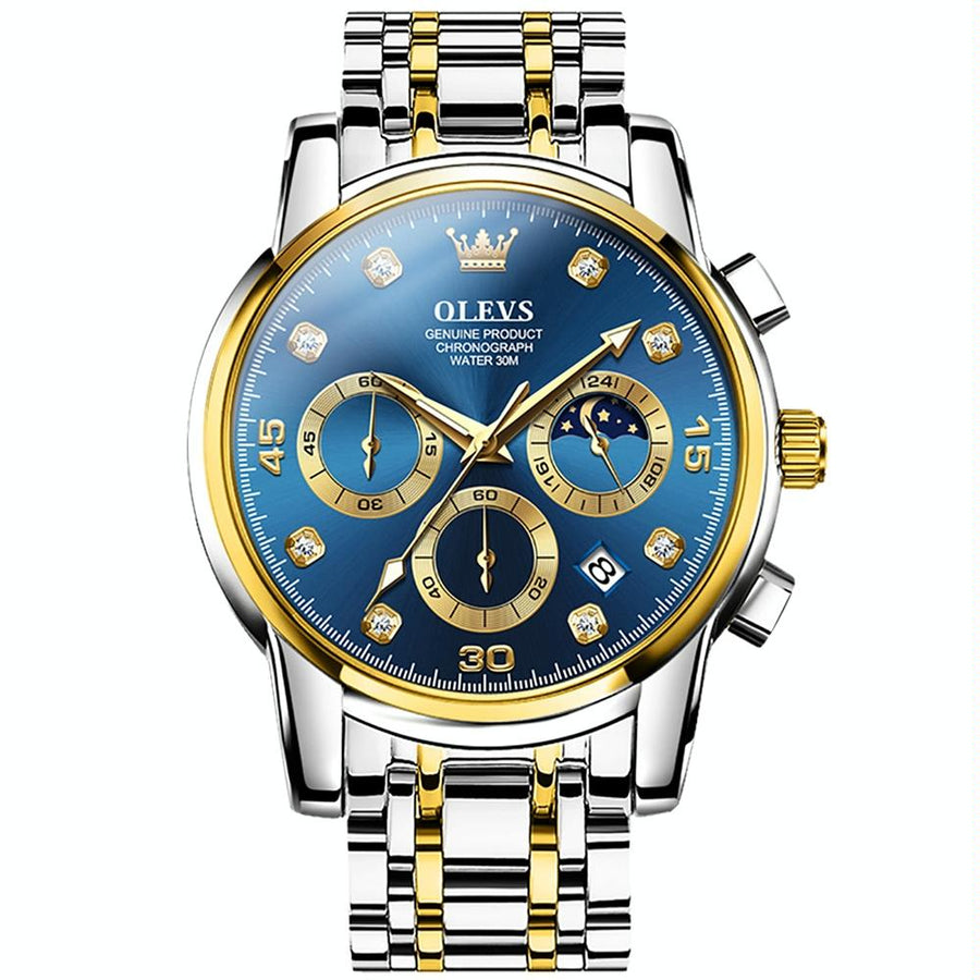 Waterproof Luminous Quartz Watch for Men - Multifunctional - Blue + Gold