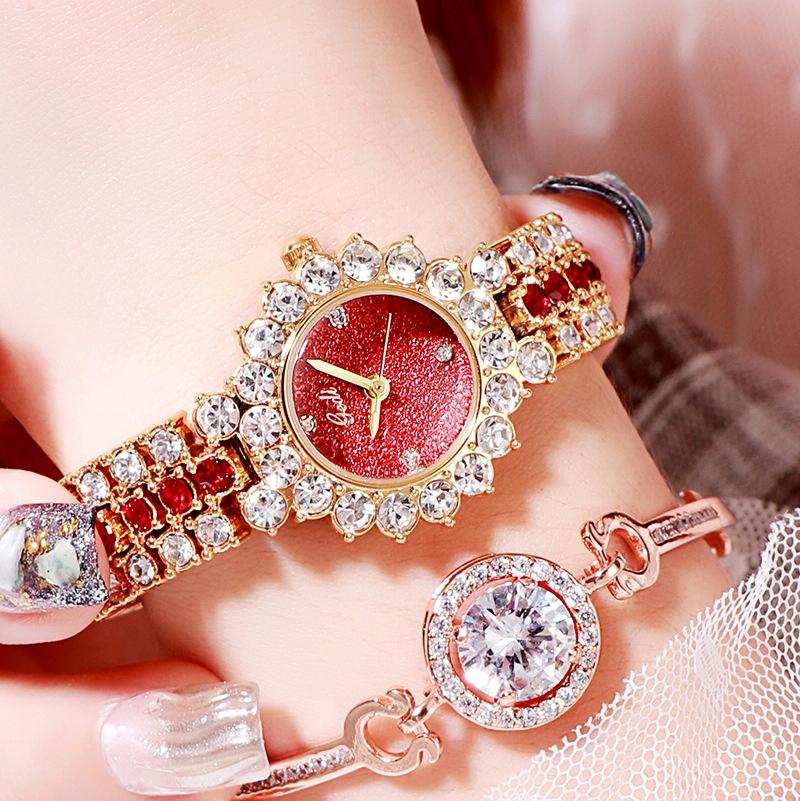 Women Quartz Bracelet Watch with Diamond Accents - Gold Shell Red Plate