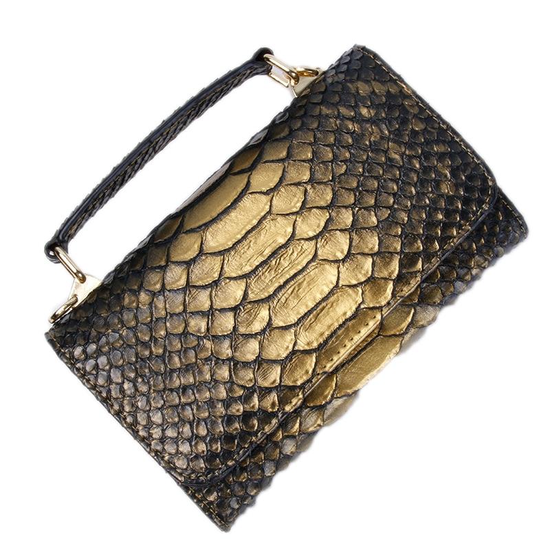 Versatile Lady Crossbody Wrist Bag - Multi-functional - Big Snake Pattern Dark Gold