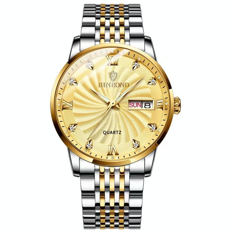 Waterproof Business Men Quartz Watch with Butterfly Buckle and Luminous Dial - 30m - Inter-Gold-Gold