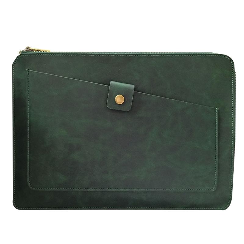 Premium Leather Business Laptop / Tablet Zipper Bag - Universal Fit - Green
