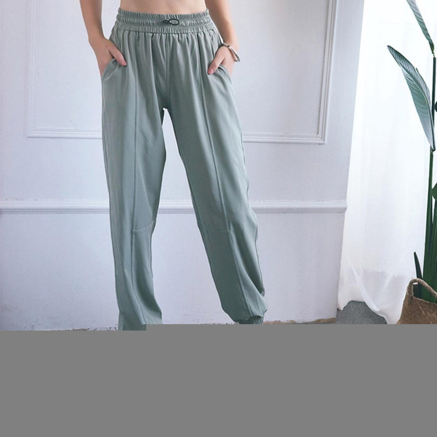 High Waist Drawstring Fitness Pants Black Size L - Water Moss Colour M