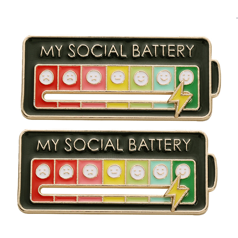 Vibe Geeks Creative Social Battery Energy Enamel Pins Mood Jewelry Brooches - Black - 2 Pcs