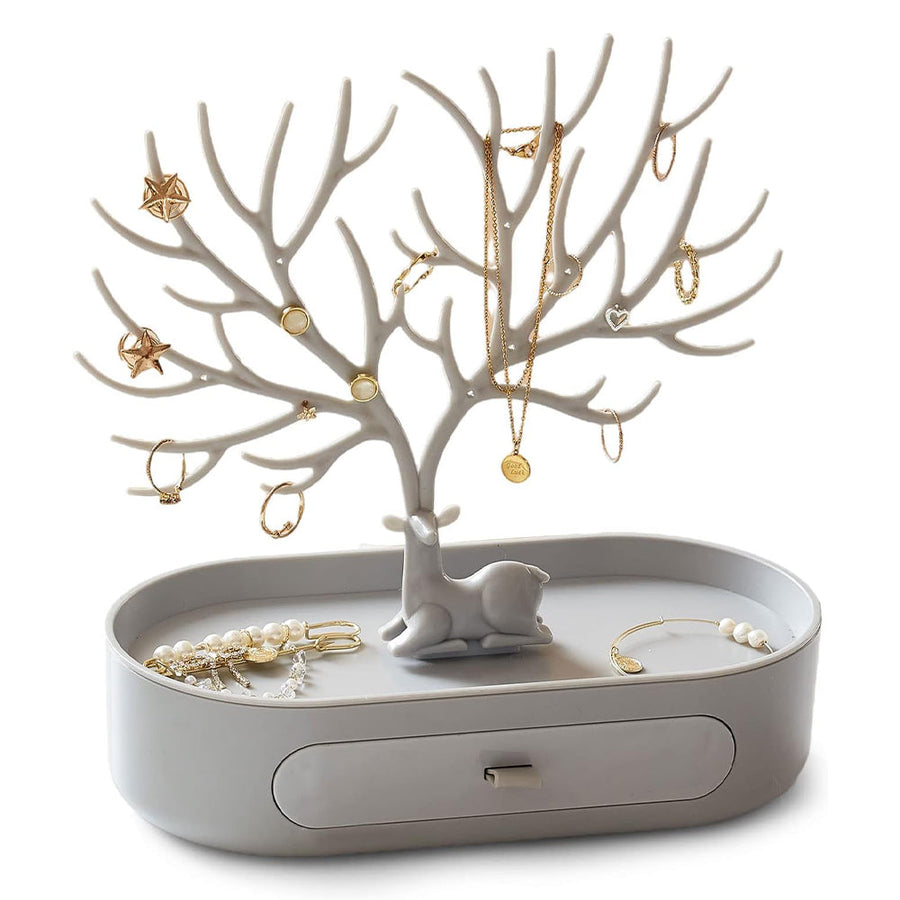 Vibe Geeks Antlers Tree Tower Jewelry Display Stand for Ring Earrings Necklace Bracelet - Grey Drawer Model