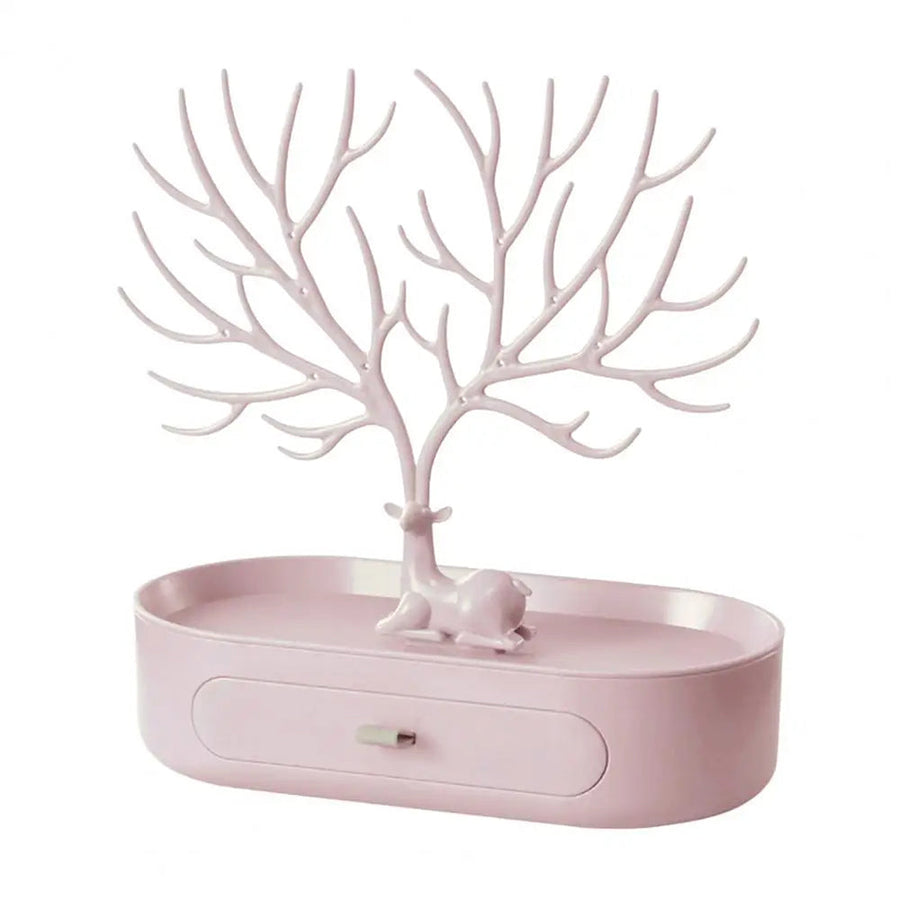Vibe Geeks Antlers Tree Tower Jewelry Display Stand for Ring Earrings Necklace Bracelet - Pink Drawer Model