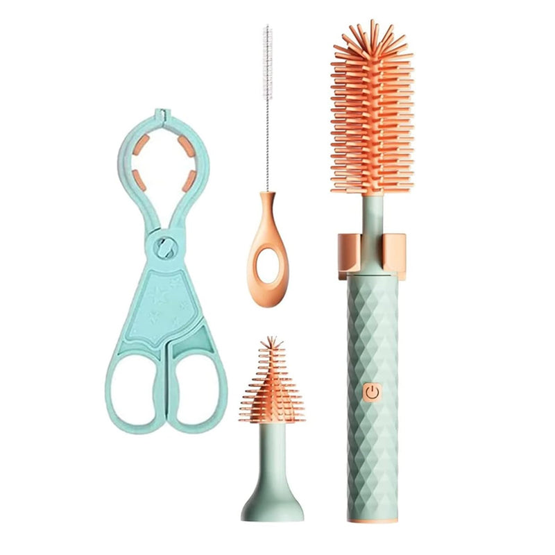 Vibe Geeks 360Â° Rotation Long Handle Reusable Silicone Baby Bottle Brush Set - Green
