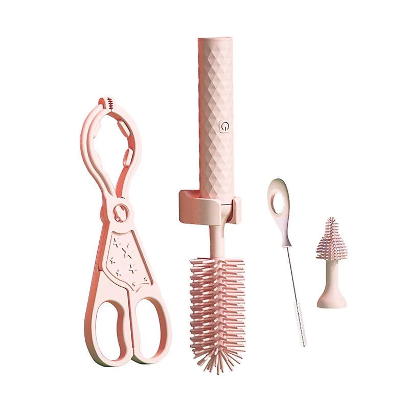 Vibe Geeks 360Â° Rotation Long Handle Reusable Silicone Baby Bottle Brush Set - Pink
